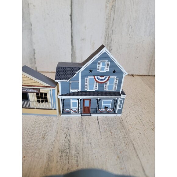 Wooden cats meow village drug store Snowman house shelf sitter set - Picture 4 of 9